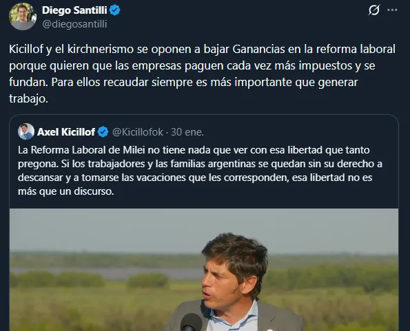 Post de Santilli contra Kicillof por la reforma laboral