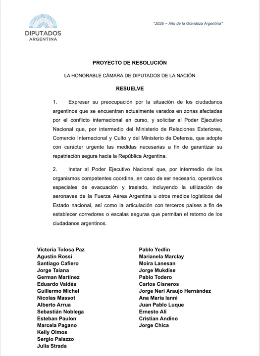 Proyecto para repatriar argentinos varados por el conflicto en Medio Oriente