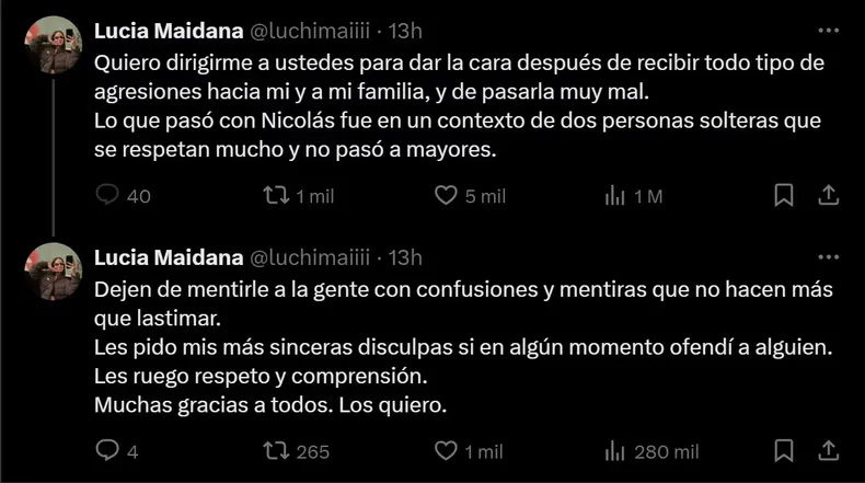 El descargo de Lucía Maidana en redes sociales El descargo de Lucía Maidana en redes sociales