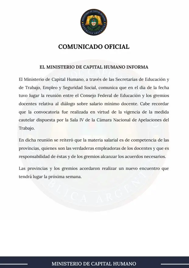 El comunicado de Capital Humano