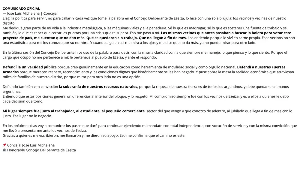 El descargo de Michelena tras la expulsión