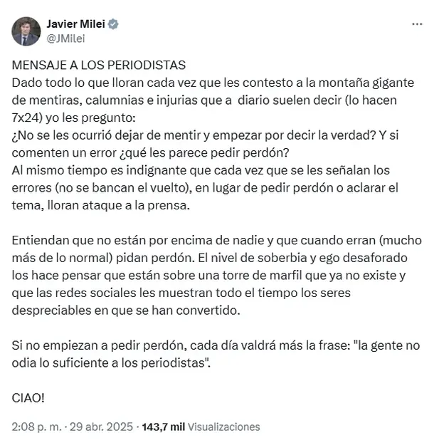 Mensaje a los periodistas Milei
