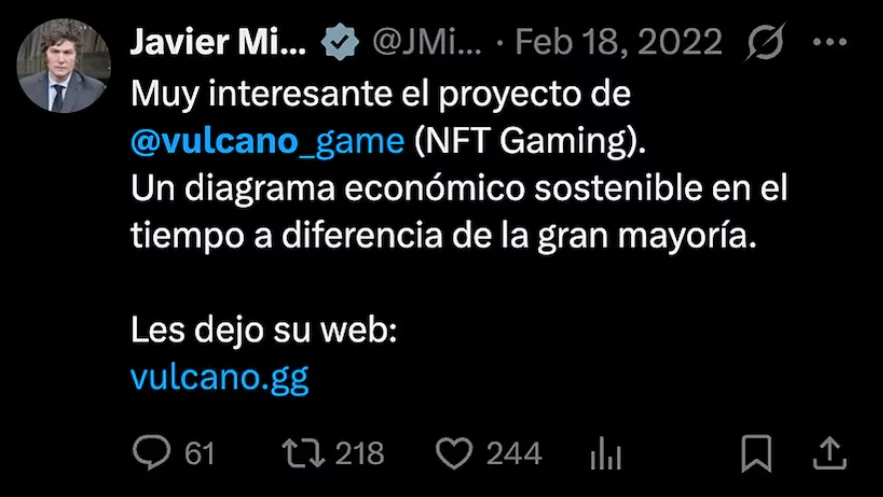 Tuit de Milei sobre Vulcano