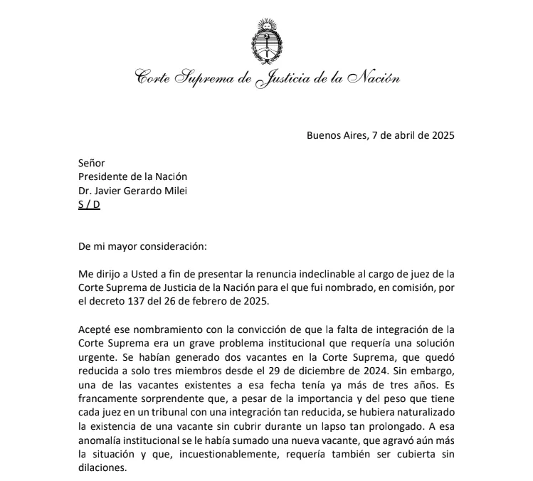 Carta de García Mansilla a Milei