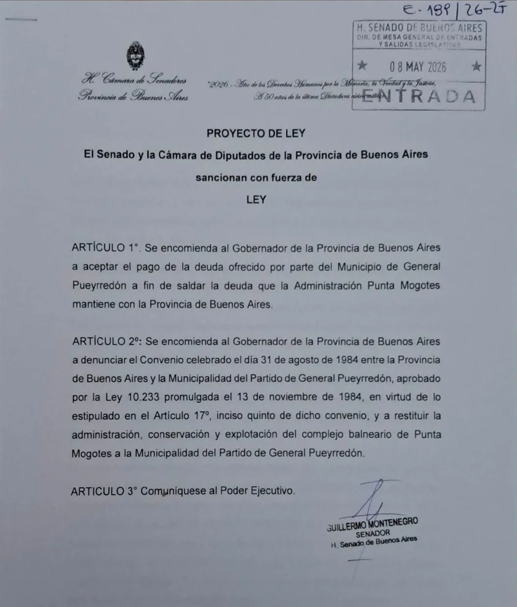 Montenegro presentó un proyecto de ley para que la Provincia acepte a la ciudad de Mar del Plata el pago de la deuda